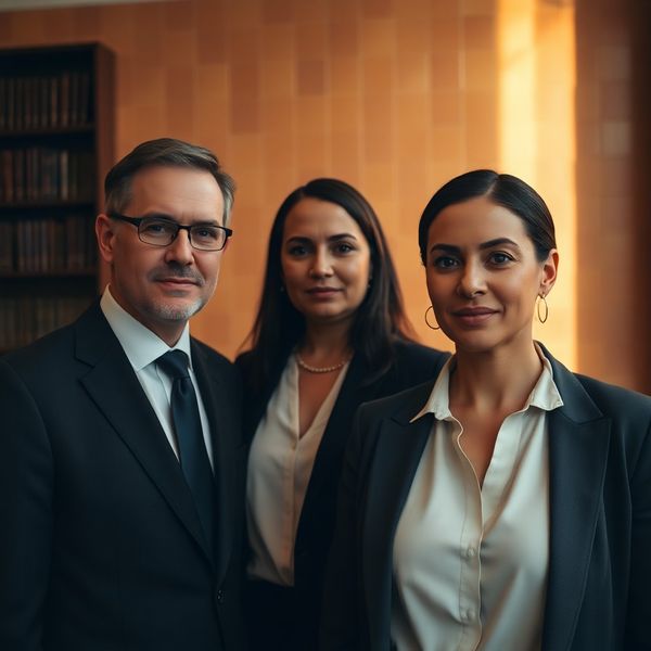 Retrato editorial de tres profesionales del despacho en tonos carbón y oro