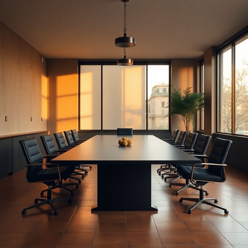 Sala de reuniones vacía en el despacho de Madrid con luz mediterránea