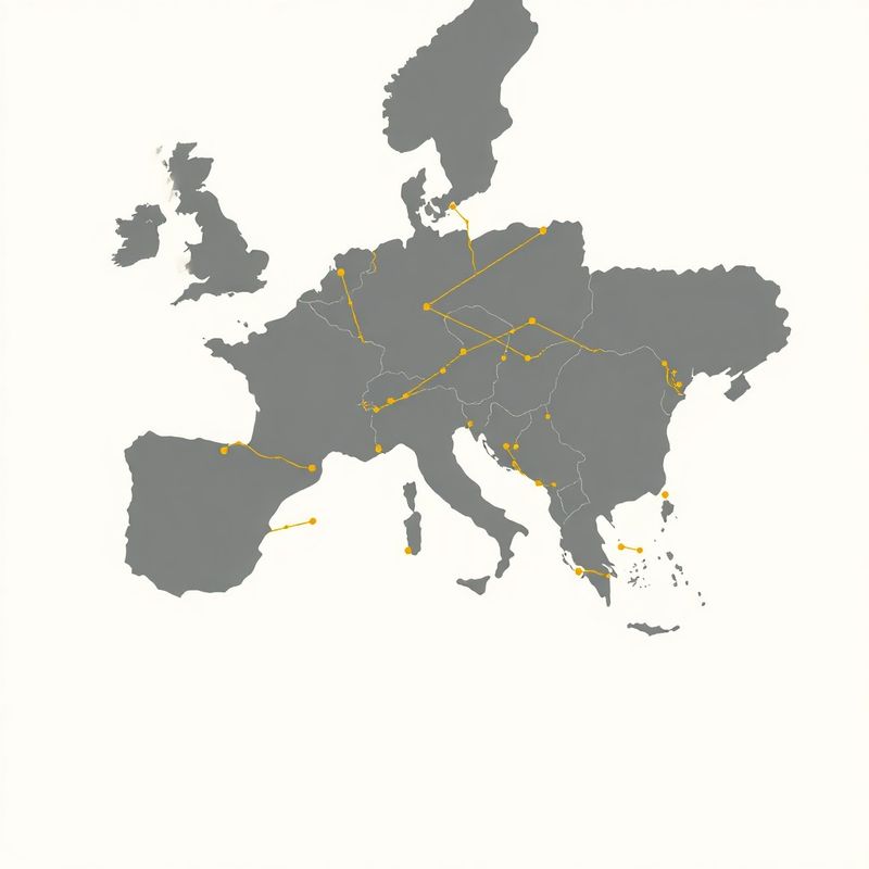 Mapa editorial de conexiones entre Europa y Latinoamérica en tonos carbón y oro