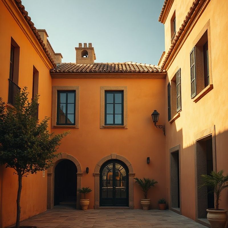 Arquitectura patrimonial española con fachada ocre y luz mediterránea